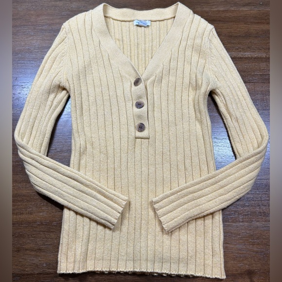 Sundance Size M Yellow Women’s V-Neck Ribbed Popover Cotton Silk Blend Sweater - Picture 1 of 5